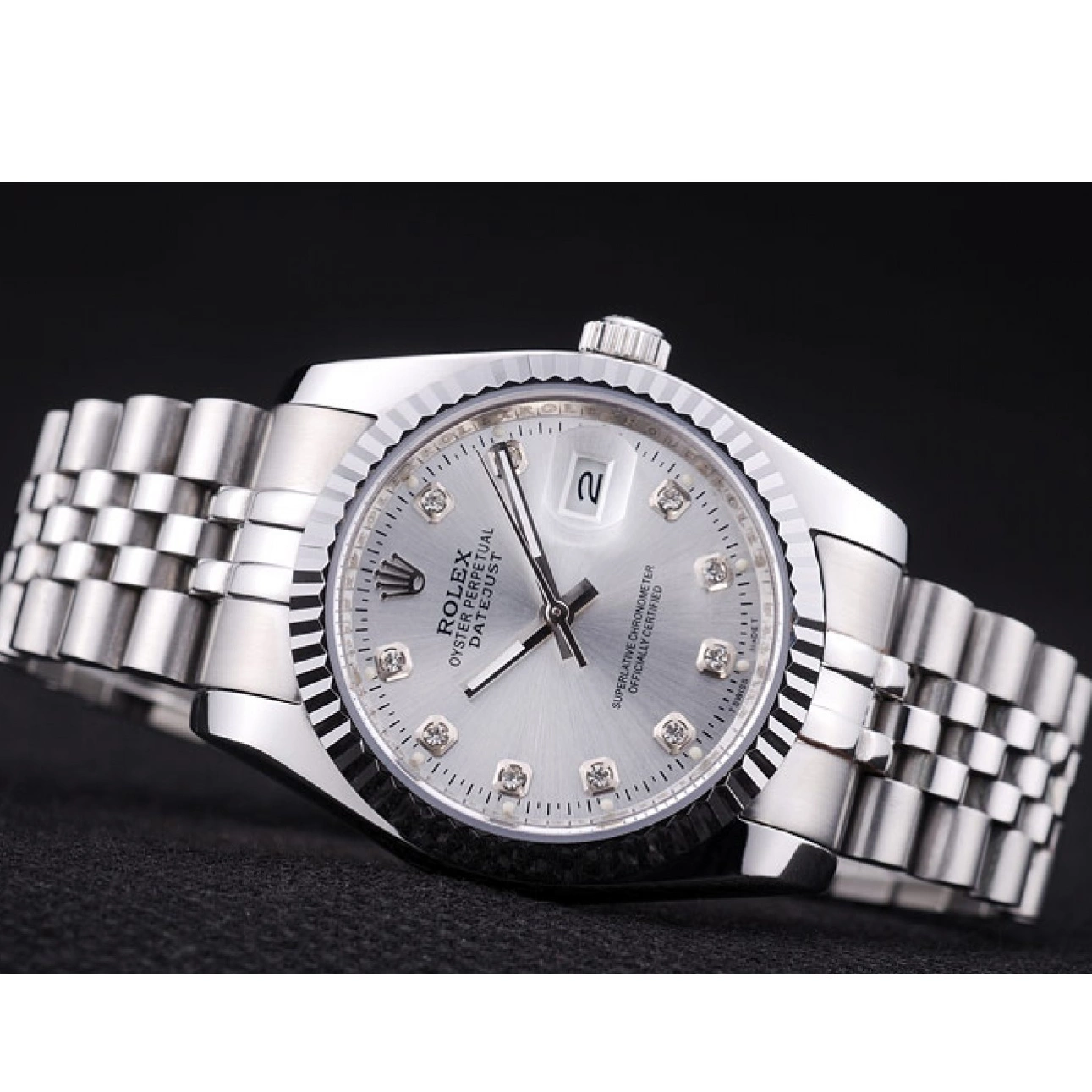 Aaa replica watch Bezel Diamonds Silver Datejust 7455 Rolex Dial Ribbed 0729